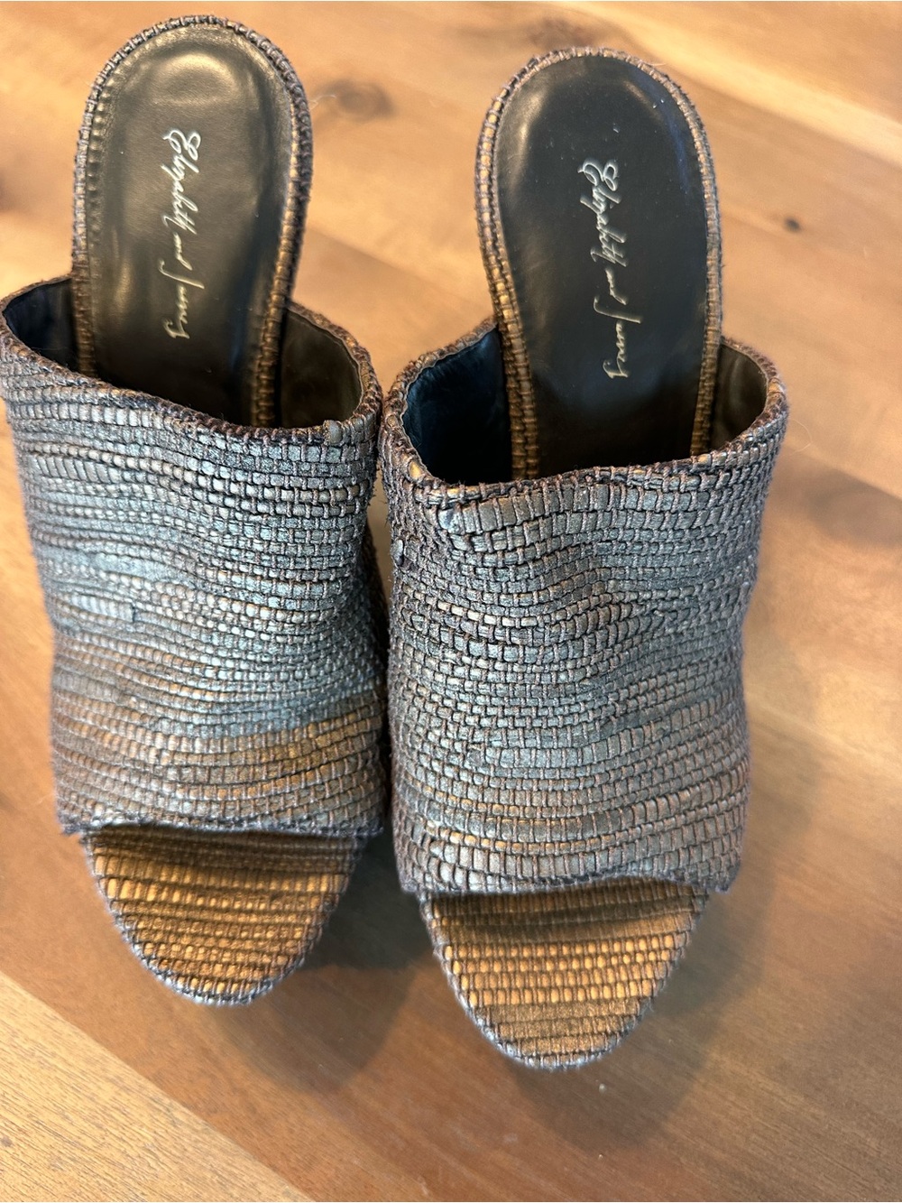 Elizabeth and James Metallic Woven Peep-Toe Mule in Brown